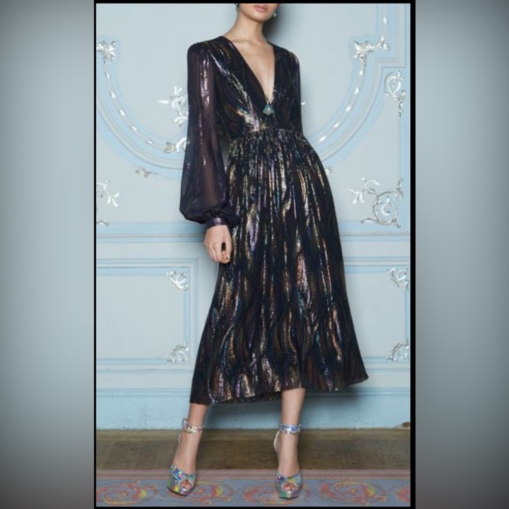 SALONI Iridescent Black Long Sleeve Midi Dress